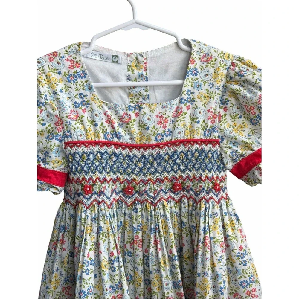 Oli River Floral Smocked Dress Girls Size 5 Cottagecore Puff Sleeve Ruffle Hem